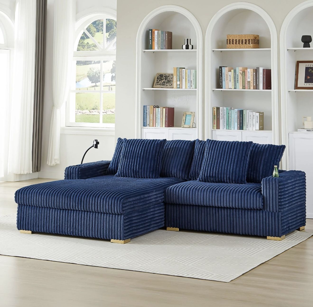 New Blue Corduroy Sectional Sofa With Chaise, Free Delivery ✅ Modern Corduroy Sofa Multiple Colors Availabe