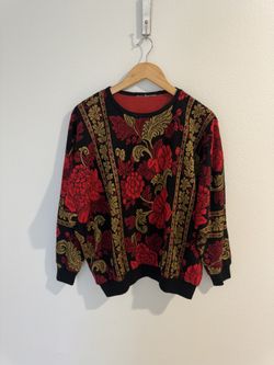 Size M Vintage Floral Rose Patterned Sweater - Red and Tan / Gold