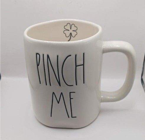 Rae Dunn Artisan Collection by Magenta "Pinch Me" Mug white with black letters and shamrock on the inside of mug