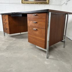 Mid Century Modern Florence Knoll Style Walnut & Chrome Executive Office Desk 🚚 Delivery Available - Retro Man Cave Estate Sale Furniture 1950s Teak