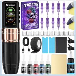 Tat—— Machine Kit Comes with 10 Tat—— Need—- 2 Blue Pen Bags Bule Soap 20ml Tablecloth 5 Colors of 5ml Tattoo Ink Bandages Transfer Paper Practice Ski