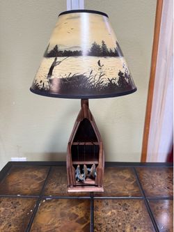 Rustic Fishing Boat Table Lamp with Fisherman Scene Shade – Lodge Cabin Decor – Like New
