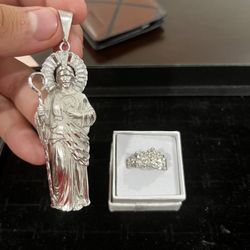 San Judas Pendant 925 And Silver Nugget Ring 