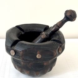 Vtg Carved Wood Mortar & Pestle W/ Brass Stud Accents, Spain, Rustic Apothecary