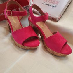 American Eagle Cork Heel Sandal Shoe  Pink Suede Size 7