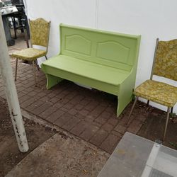 Yellow Wooden Bench Seat With two Accent Chairs 