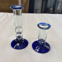 Two Vintage Clear And Colbolt Blue Glass Candle Holders 