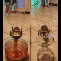 2 Oil Lamps: 14" and 17" with 1 Glass Chimney, 1 New Unopened 1 Gallon Paraffin Lamp Oil - Clear Smokeless, Odorless, Clean Burning Fuel 