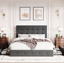 Queen Size Platform Bed Frame with 4 Storage Drawers, Adjustable Headboard with Square Stitched Button Tufted Design, Wooden Slat Support, No Box Spri