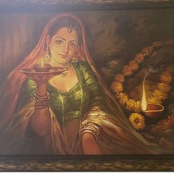 Large Framed Ethnic Indian lady with a Diya lighting up life - 39*31.7 inches