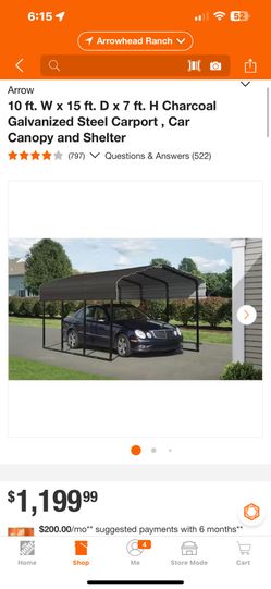 Arrow 10 ft. W x 15 ft. D x 7 ft. H Charcoal Galvanized Steel Carport, Car Canopy and Shelter