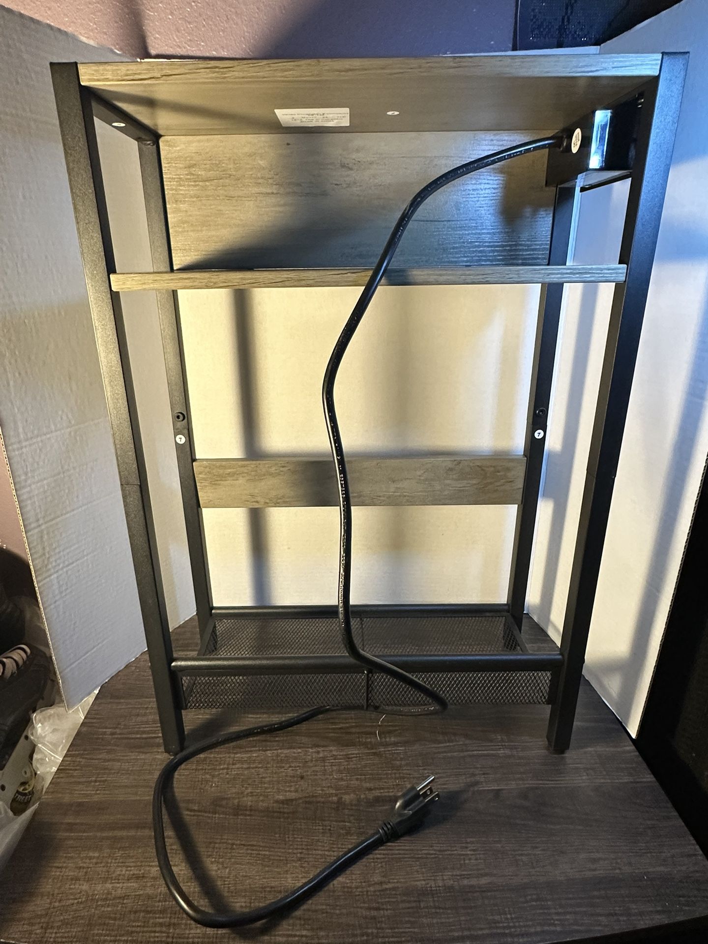 Small Gray Wood Shelving End Table with Power Supply and Charging Ports