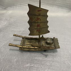 Vintage Brass Chinese Junk Boat Candle Holder Incense Burner w/ Sail & 1 Oar 5”