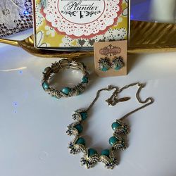 plunder 3 piece beetles silver toned costume jewelry / rhinestones & faux pearls