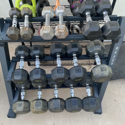 5-40lb Hex Rubber Dumbbells Set Weights With Rack