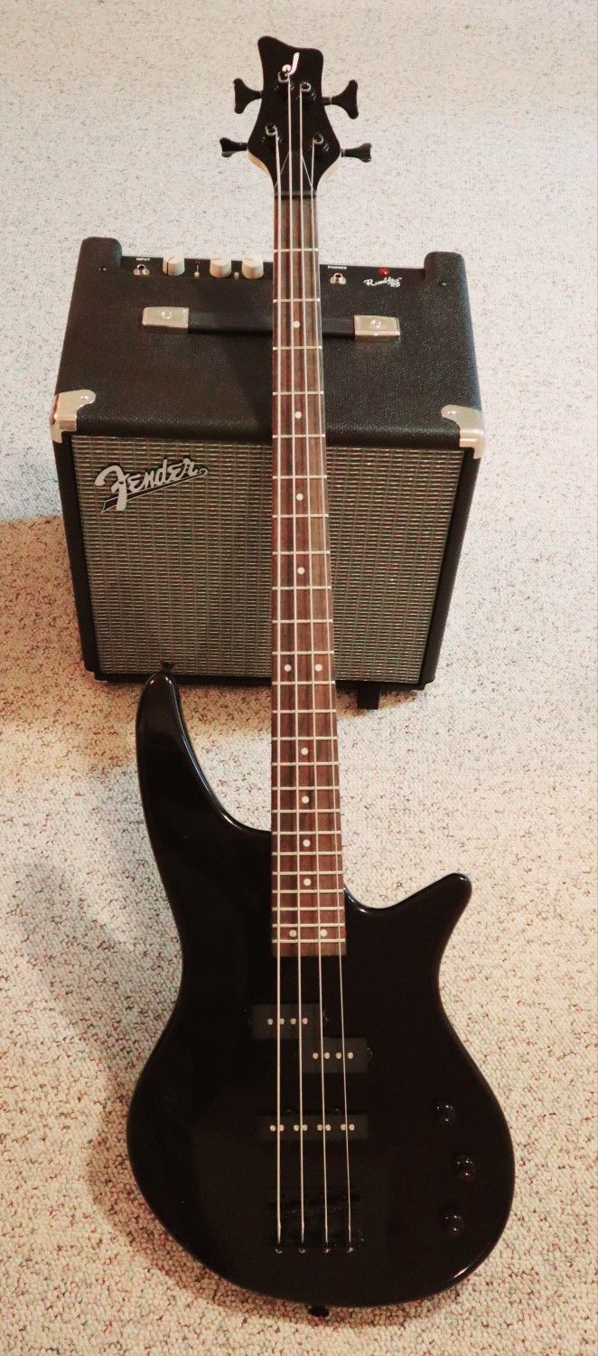Jackson Spectra J2S Bass and Fender Rumble 1x8 25W bass amp.