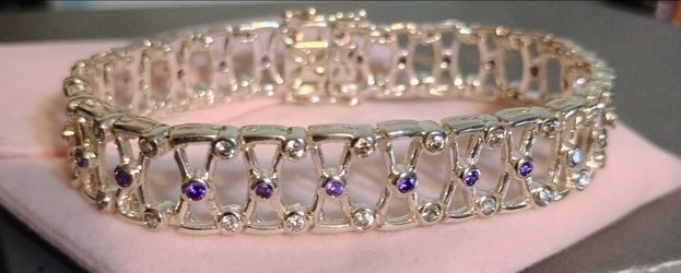 925 Sterling Silver Lace Link Bracelet with Purple and Clear Stones