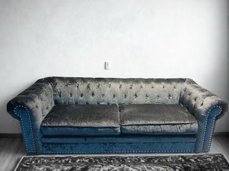 Tufted Gray Velvet Sofa with Nailhead Trim