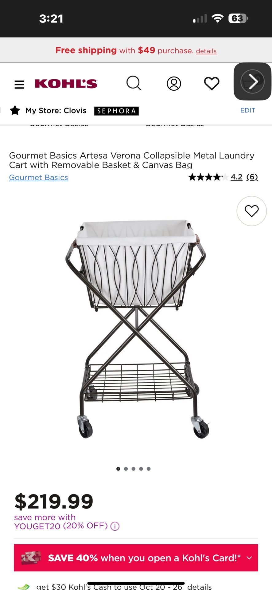 Gourmet Basics Artesa Verona Collapsible Metal Laundry Cart with Removable Basket & Canvas Bag