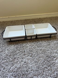 White Ceramic Serving Dish Set with Black Metal Holder