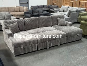 New Sleeper Sofa Double Chaise Sectional Set, Sectional Couch With Pull-out Bed, TWO Storage Chaise, Sectional Sofabed, Pullout Bed Gray Grey Fabric 