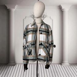 Women's ZARA Patch Pocket Plaid Overshirt (Ecru Green S)