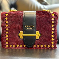 PRADA Cahier hair city pony-style calfskin faux fur crossbody bag granato black