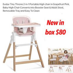 New in box Evolur Tiny Throne 2-in-1 Portable High chair in Grapefruit Pink, Baby High Chair Converts into Booster Seat & Adult Stool, Removable Tray 