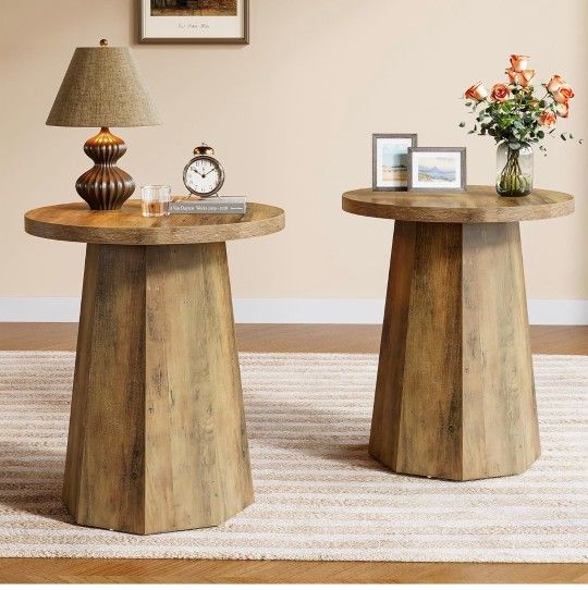 Set of 2 Farmhouse Round End Table, Wooden Couch Side Table with Octagonal Base, Rustic Brown Nightstand Pedestal Accent Furniture for Living Room, Be