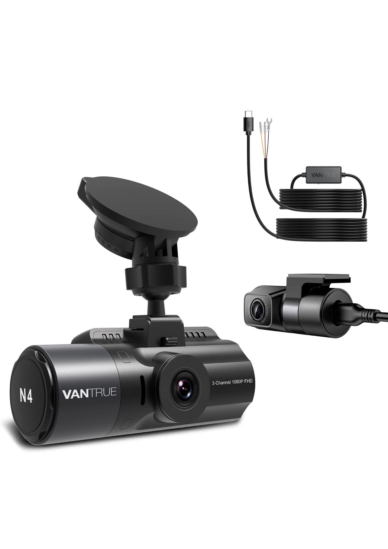 Bundle: Vantrue N4 Three Channel Dash Cam + Type C USB Port Hardwire Kit - Vantrue N4 3 Channel 4K Dash Cam, 4K+1080P Front and Rear, 1440P+1440P Fron
