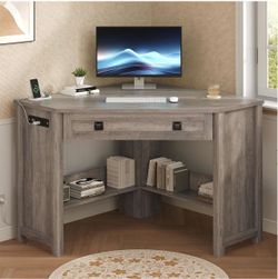Rustic Gray Corner Desk with Drawer and Shelves
