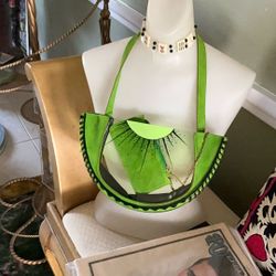  Lucite. Handbag, One Of A Kind, Unusual Lime, Green Suede, Unusual Runway