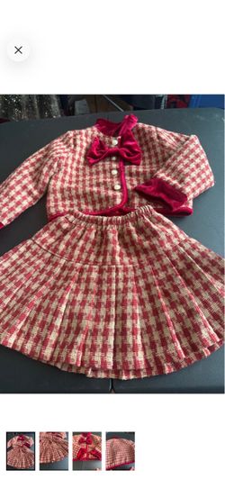Red and Cream Houndstooth Velvet-Trim Skirt Set