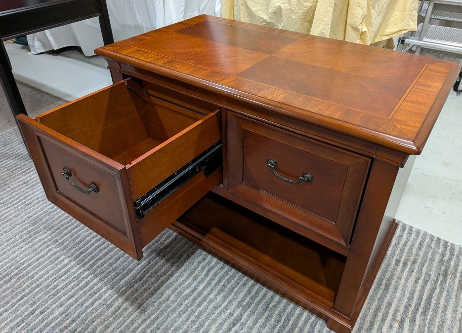 Beautiful Solid Wood Filing Cabinet With Two Drawers And Storage.