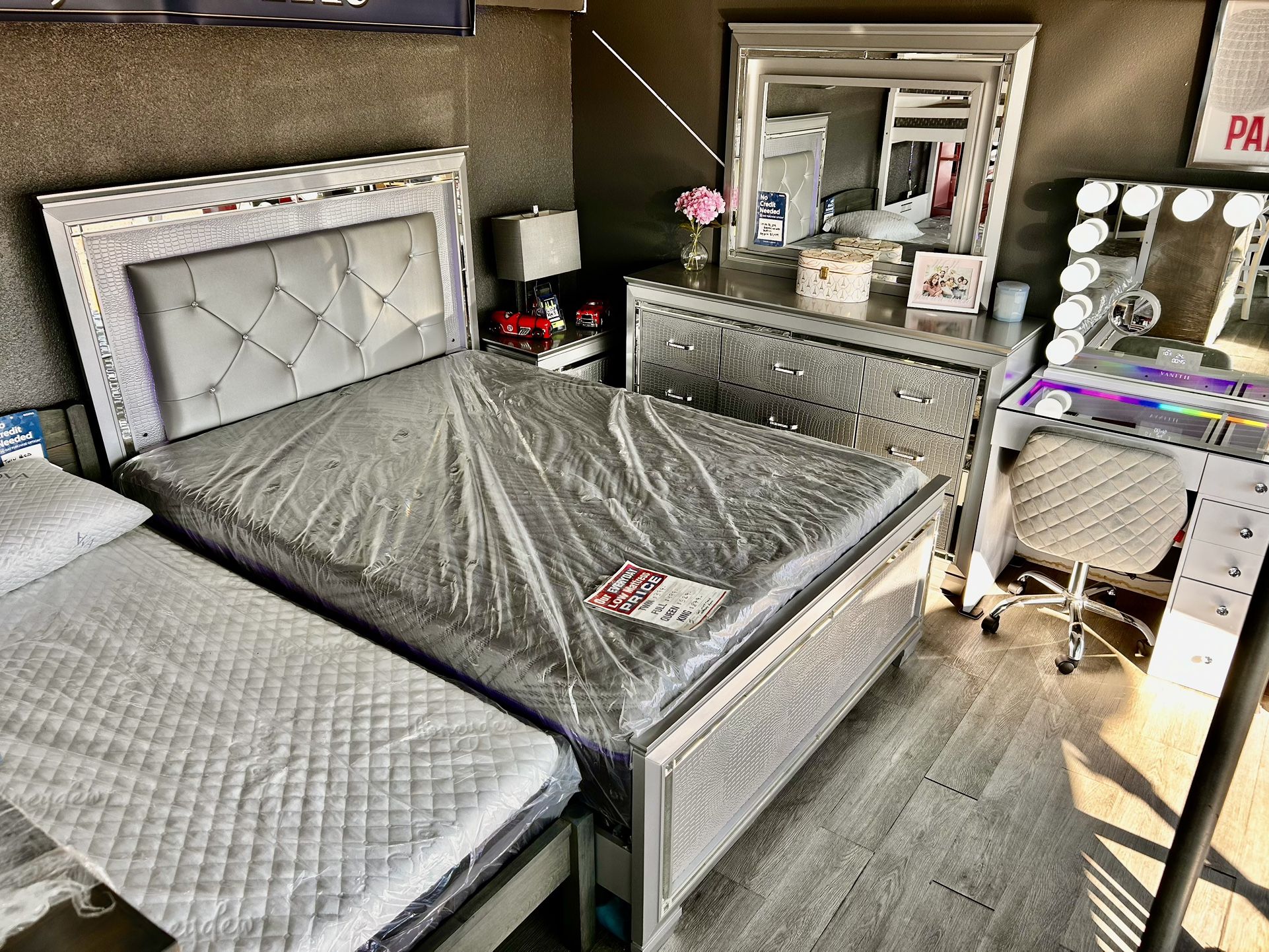 Queen LED 4 Piece Bedroom Set Mattress Included!