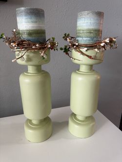 Lime/Sage Green Modern Candle Holder Set with Candles (12" Tall)