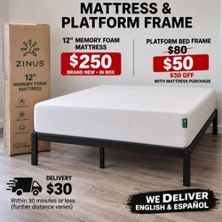 Queen 12” Zinus Memory Foam Mattress – BRAND NEW – $250 add Frame!