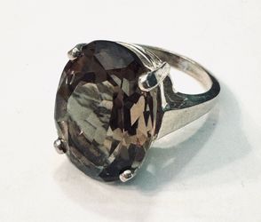 Antique Sterling Silver Ring with Smoky Quartz, 1970s Natural Stone - size 8