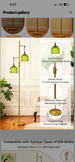 2-Light Glass Floor Lamp for Living Room, Dimmable Gold Floor Lamps with Green Glass Shade& Bulb Included, Modern Standing Tall Lamp with 5Lbs Heavy B