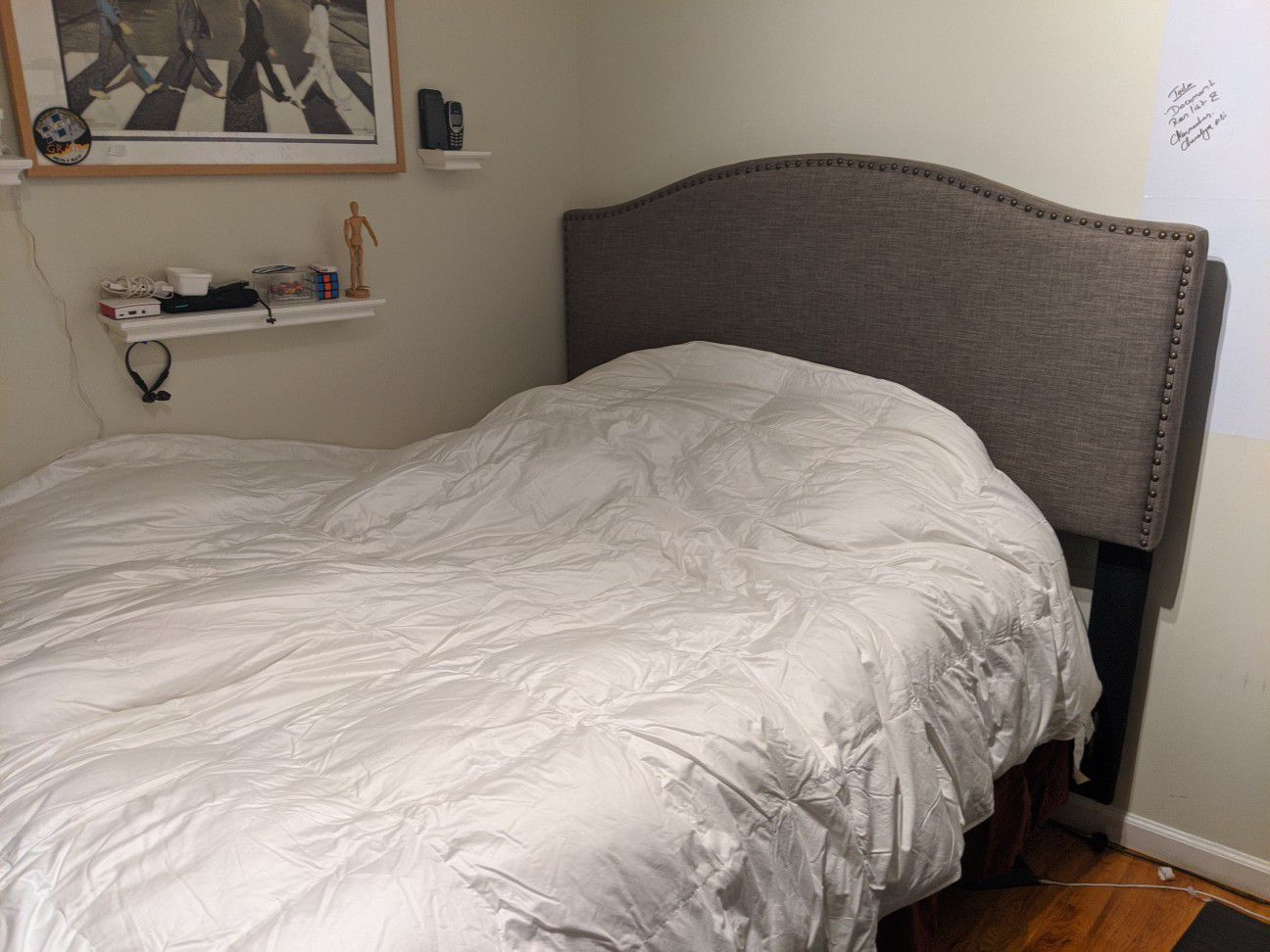 Full-sized bed frame, mattress, box spring, and headboard