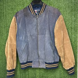 Vintage Free Country Suede Leather Camel Navy Bomber Varsity Jacket Size M C16