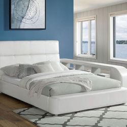 Brand New Queen Size White Leatherette Bed With Memory Foam Mattress And Side Storage Bookcase Tv Stand Media Console Also Wrapped In White Leather