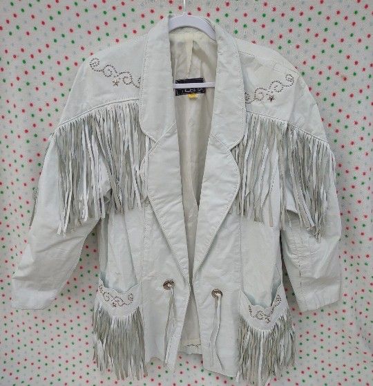 Vintage 80’s White Leather Western Fringe Jacket Phoenix Brand Medium