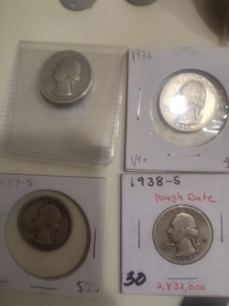 1935 D, 1936, 1937 S, 1938 S Washington Quarters