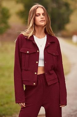 PRETTYGARDEN [Two Piece Set] Shacket Jacket with Sweatpants Tracksuit in Wine Red
