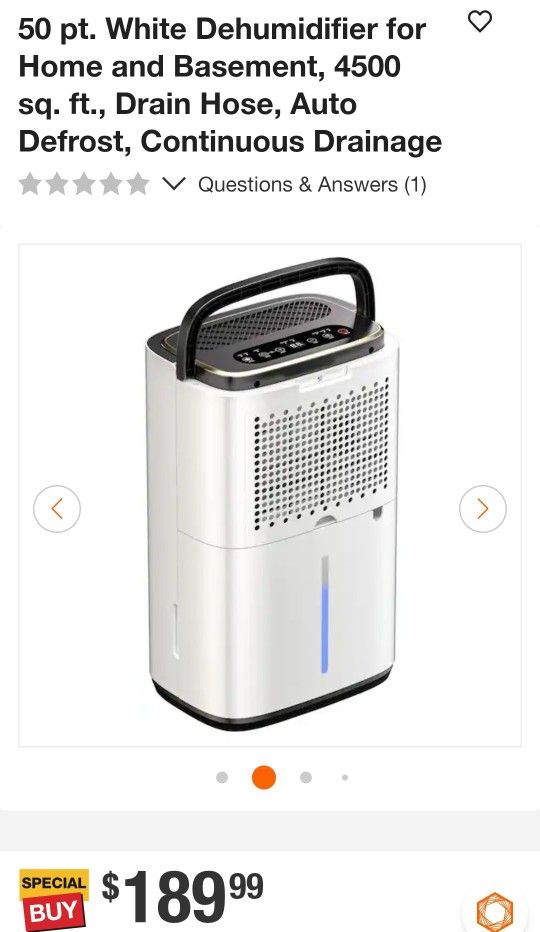 50 pt. White Dehumidifier for Home and Basement, 4500 sq. ft., Auto Defrost, Continuous Drainage