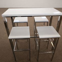 BAR TABLE & BAR STOOLS set In WHITE & SILVER