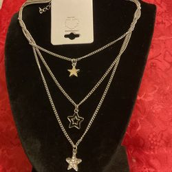 Silver Triple Strand Necklace With 3 Star Pendants
