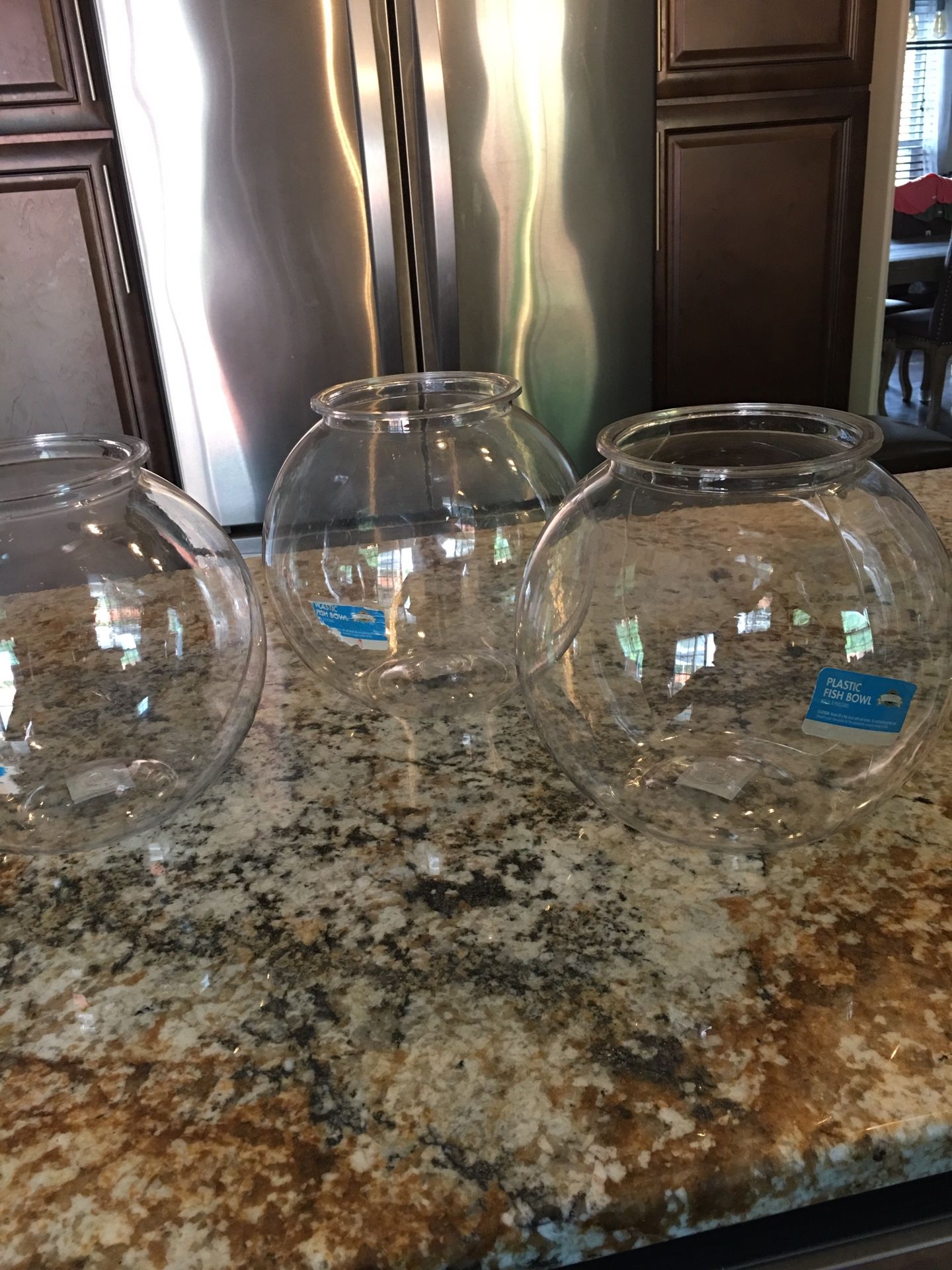 (3) plastic Bowls good for scrunchies or fish or makeup 9”deep