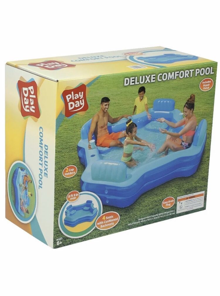 Play Day Inflatable Deluxe Comfort Family Swimming Pool w/ 4 Seats/Backrests NEW